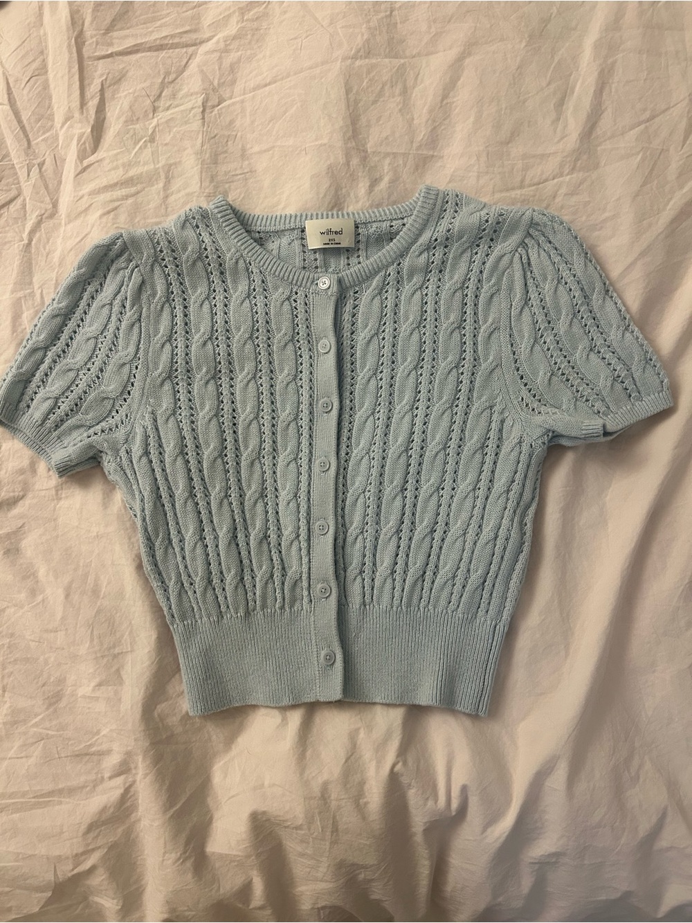 Wilfred Pale Blue Cable Knit Short Sleeve Cardigan XXS